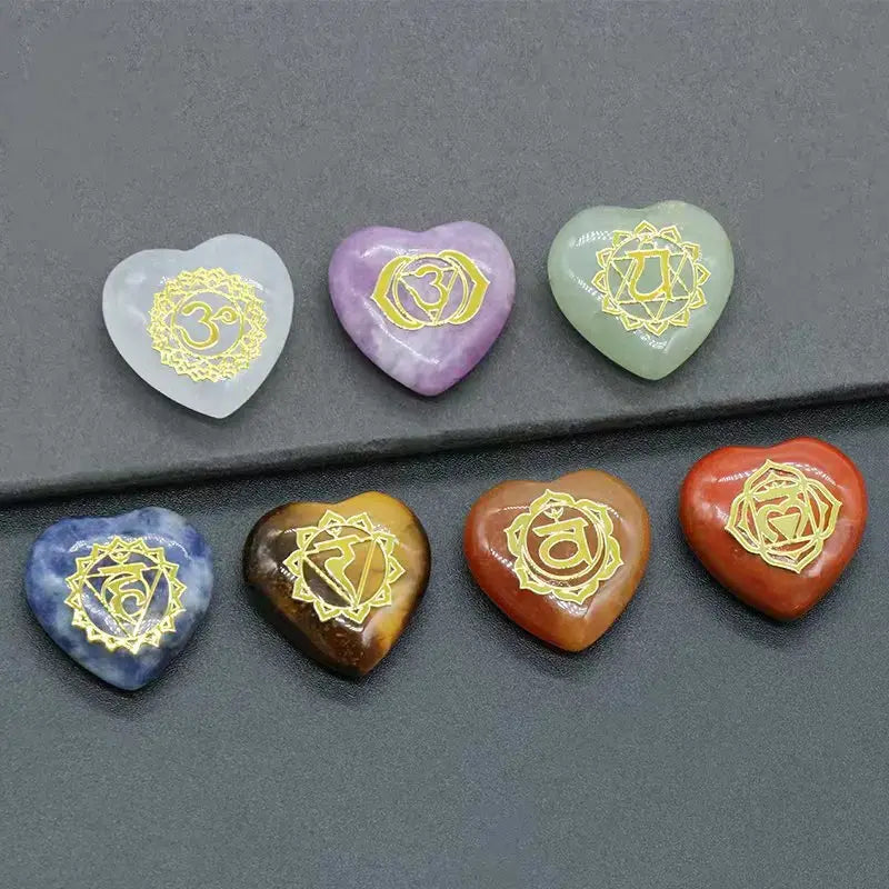 Set de 7 Piezas de Piedras de Cuarzo Cristalinas Naturales del Chakra del Corazón con Símbolos Grabados, Piedra de Yoga para la Fabricación de Joyas, Sanación Reiki y Meditación