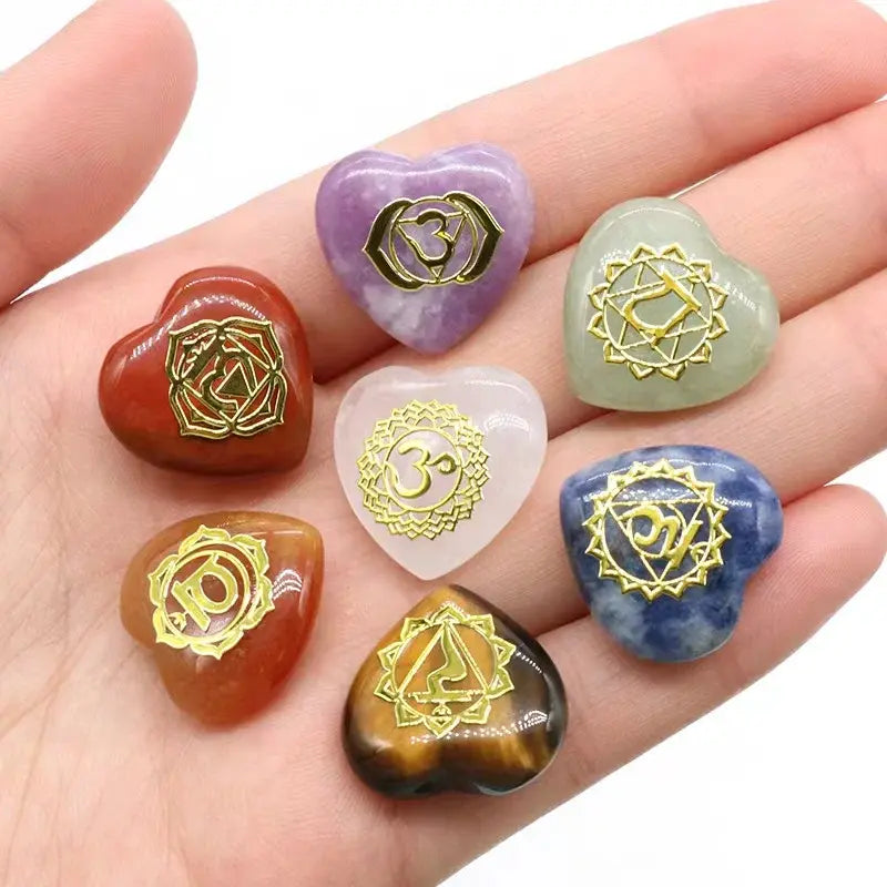 Set de 7 Piezas de Piedras de Cuarzo Cristalinas Naturales del Chakra del Corazón con Símbolos Grabados, Piedra de Yoga para la Fabricación de Joyas, Sanación Reiki y Meditación